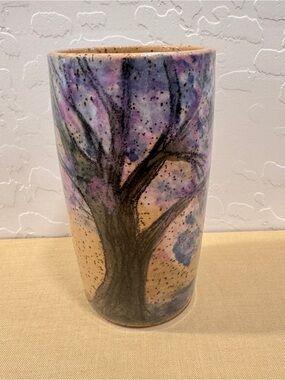 Hand-Painted Ceramic Tree Tumbler Cup Clay Madness Signed Watercolor Look